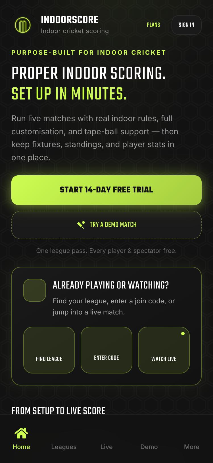 IndoorScore home screen on a phone